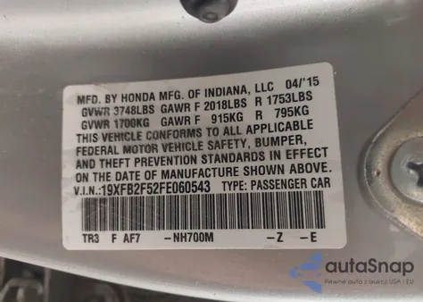 2015 Honda Civic Lx from USA, damaged, VIN 19XFB2F52FE060543